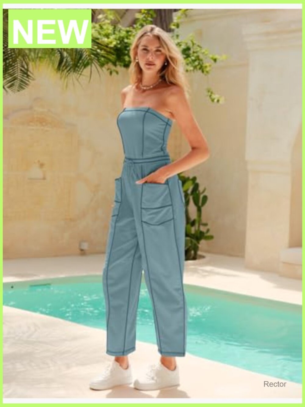 Off Shoulder Barrel Jumpsuit Loose Fit Romper with Pockets - Picture 5 of 7